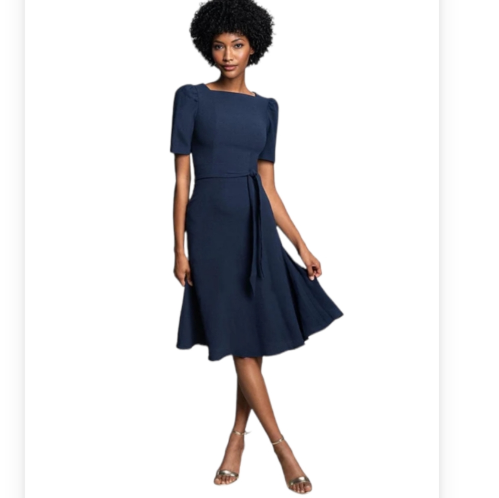 Dress The Population Margherita Square Neck Belted Midi Dress In Navy